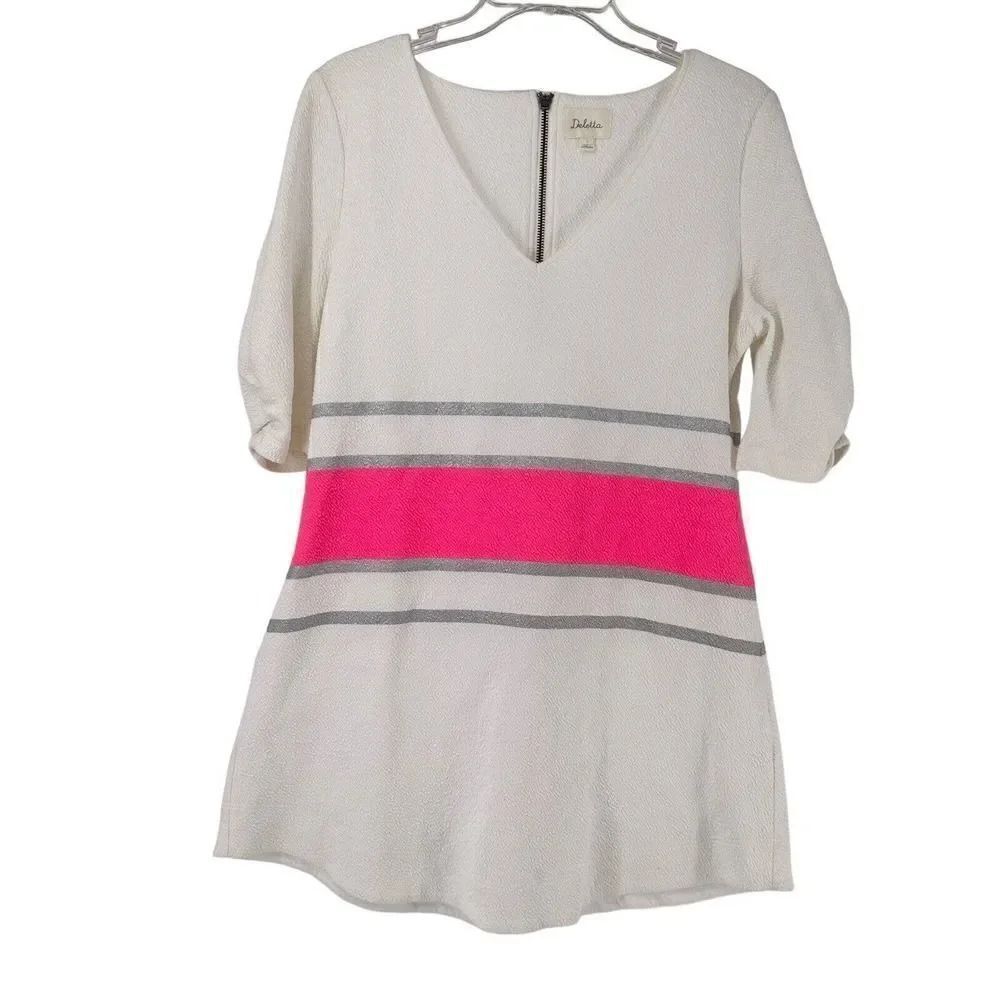Anthropologie Mini Dress Deletta White Pink Silver Ruched Size L V Neck Stretch